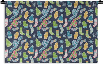 Wandkleed - Wanddoek - Sjaal - Handschoenen - Muts - Regenboog - Winter - Patronen - 180x120 cm - Wandtapijt
