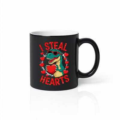 I Steal Hearts Black Magic Mok 330ml – Zwarte Koffiemok met Grappige T-Rex Valentijnsprint – Schattig Romantisch Cadeau