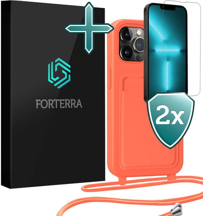 Hoesje Geschikt voor iPhone 13 Pro Pashouder Case Siliconen Hoes Met Koord Met 2x Screenprotector - Hoes Geschikt voor iPhone 13 Pro Met Telefoonkoord Hoesje Back Cover Met Pasjeshouder - Papaya