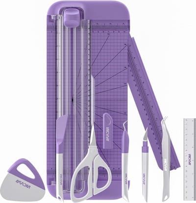 Papiersnijgereedschapset - 8 delige onkruidgereedschapsset - knutselmes - jaders spatel - pincet - schaar - A4 knutselpapier trimmer gereedschapsset - vinyl papier foto (paars)