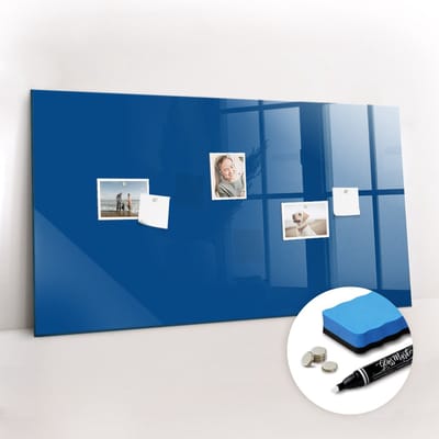 Tulup Whitebord - Kleur Blauw Magneetbord - 120 cm x 60 cm - Memobord Magnetisch - Interieur Accessoires Kantoor - Magnetic Board - Ideeënbord Thuiswerkplek - Inclusief Gratis Magneten & Marker & Spons - Magnetisch Memobord - Memobord Glas