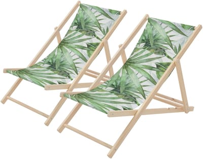 Set van 2 houten tuinligstoelen in palmgroen en wit opvouwbare strandstoel Strandstoel Ligstoel Relaxligstoel