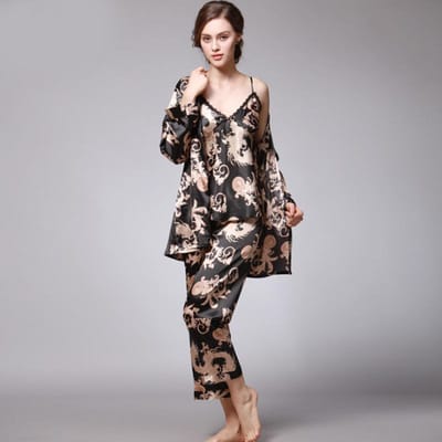 Dames Zijde Satijnen Pyjama Set 3 Stuks Bloemen Zijdeachtige PJ Sets Nachtkleding Cami Nachtkleding met Badjas en Broek 3XL white
