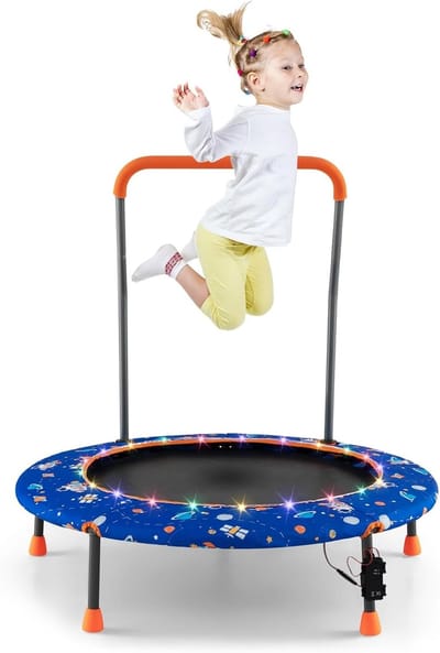 Kindertrampoline met ledverlichting - Springkussen voor binnen - Actief spelen - Inclusief handvat en veiligheidskussen - 92 cm diameter - Blauw