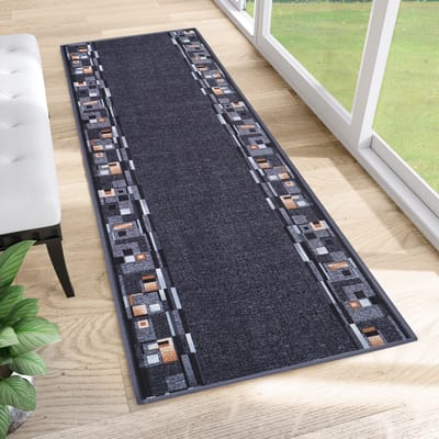 Tapiso Tapijtloper Antislip – Klassiek Geometrisch Donkerblauw – Gangloper Keukenloper Rubber Onderkant op Maat- 67x100