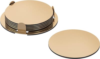 Gouden Onderzetters INCL houder - RVS + EVA - Diameter 8.5CM - Set van 6 - Geschikt voor glazen, bekers, kopjes etc.