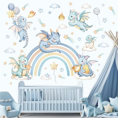 Dailygoody - Wandstickers - Kinderen - Magische Sfeer - Blauw - Draak en Regenboog - Muurdecoratie voor Jongens - Baby- en Kinderkamer