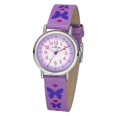 ATRIUM - Horloge Kind - Kinderhorloge Meisjes - Paars - Kristal Steentjes - Analoog - 3 Bar - Vlinders - Leercijferblad - A47-18