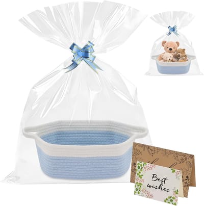 katoenen sei geschenkmand leeg met geschenkzakjes, wenskaart en linten, gevlochten mand, opbergmand met handvat voor verjaardagen, babyfeestjes (blauw-witte combinatie)