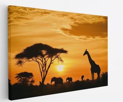 Saammp Canvas Schilderij - Olifanten silhouet - Dieren - 45x30 - Foto op canvas - Wanddecoratie - muurdecoratie Woonkamer - Slaapkamer decoratie - Canvas Print