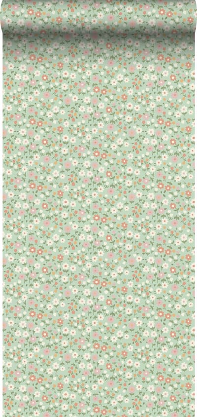 ESTAhome behang bloemetjes groen, terracotta roze en wit - 50 x 900 cm - 139470