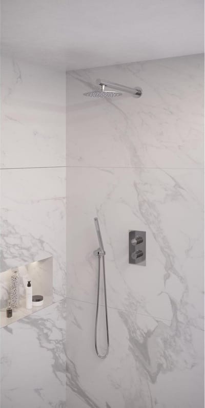 Brauer Chrome Edition thermostatische inbouw regendouche 3-weg omstelling SET 25 met 20 cm douchekop en rechte muurarm en staaf handdouche en doucheslang en wandaansluitbocht chroom
