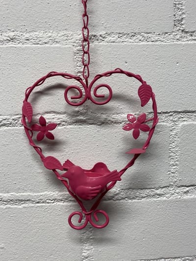 Deco-hanger met theelichthouder hart + vogel - roze - metaal - lengte 50 x 15 x 5 cm - Woonaccessoires - Decoratieve hangers