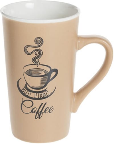 Secret de Gourmet hoge koffie mok / beker met oor - beige - keramiek - 500 ml - koffie print - servies - warme dranken