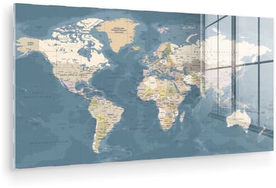 ® Glasschilderij 80x40 cm - Schilderij acrylglas - Wereldkaart - Atlas - Blauw - Foto op glas - Muurdecoratie woonkamer - Wanddecoratie slaapkamer - Schilderijen