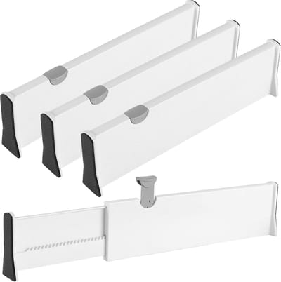 Set van 4 ladeverdelers, verstelbaar, 38-55 cm, 10 cm hoog, ABS, wit, met bevestigingsknop, keukenladen, organizer, lade-inzetstukken voor keuken, badkamer, kantoor, make-uptafel