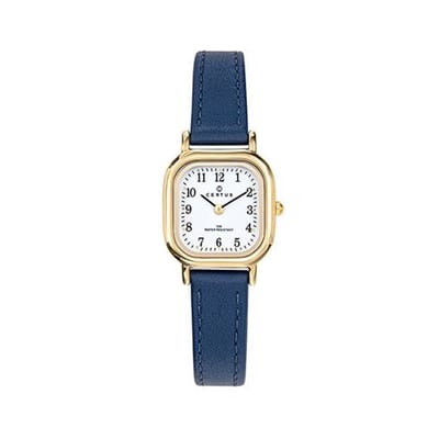 Certus-dameshorloge-model 646514-goudkleurig-donkerblauw soepel leder-5 atm waterdicht- afmeting 23 x 23 mm-made in France