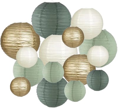15 stuks papieren lantaarns, ronde papieren lantaarns, decoratie, vintage papieren lampenkap, saliegroen, goud en ivoor, hangende papieren lantaarns, rustieke party, bruidsfeest, verjaardagsfeest