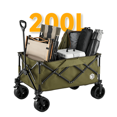 Ochama opvouwbare compacte kampeerbolderkar 200 l groen, extra groot en hoge capaciteit, 400 l stapelcapaciteit, terreinwielen met dubbele rem,