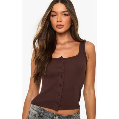 boohoo Dames Geribbelde top met knoopdetail en vierkante hals | Chocoladebruin | Maat: 38