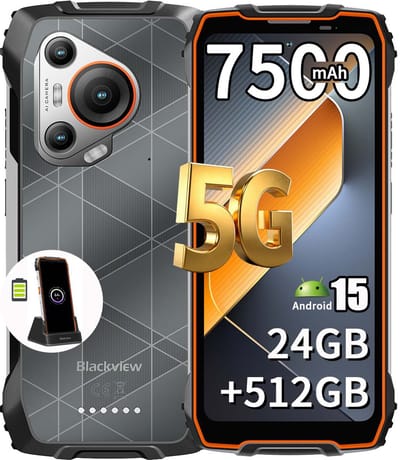 Blackview BL7000 Robuuste Smartphone & Oplaadstation Base Oplader Stand - 6.78 inch 120Hz - Android 15 - 24GB RAM - 512GB ROM - 50MP + 32MP Camera - 7500mAh - IP68 Waterdicht Outdoor Telefoon - Dual SIM 5G - NFC, OTG, GPS, FM - Oranje