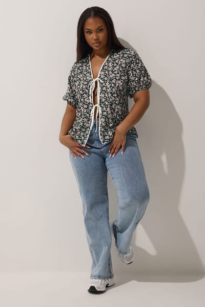 Limited Collection Top Met Bloemenmotief En Striksluitingen In Zwart/Lichtroze Size 42