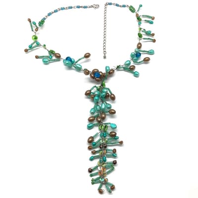 Behave - Ketting blauw bruin met kralen en parels - 39 cm met hanger
