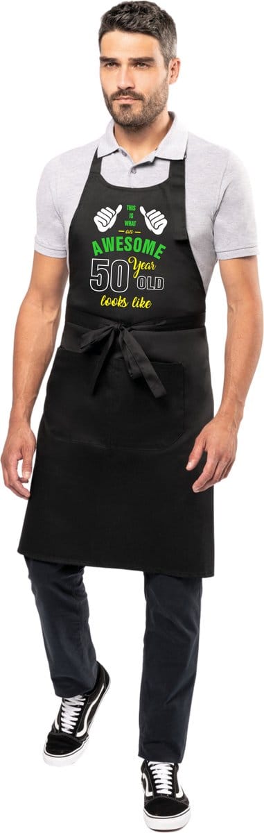 Leeftijd cadeau - Luxe keukenschort - BBQ schort - verjaardag - sarah - abraham  - Awesome 50 jaar - zwart