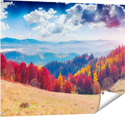 Gards Tuinposter Kleurrijke Herfstbos met Heuvellandschap - 100x80 cm - Tuindoek - Tuindecoratie - Wanddecoratie buiten - Tuinschilderij