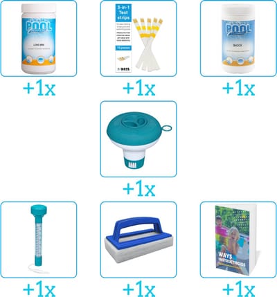 Zwembad Onderhoudspakket - Onderhoud Zwembad - bevat Chloor - Testrips - Chloor - Chloordrijver - Thermometer - Scrubborstel en Zwembadgids (7-delig)