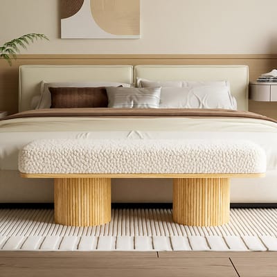 Wishdor - Bankje - Teddy Bekleding - Minimalistisch - Voor Hal Of Slaapkamer - MDF En Hout - Wit En Natuurlijke Houtkleur - 122 Cm