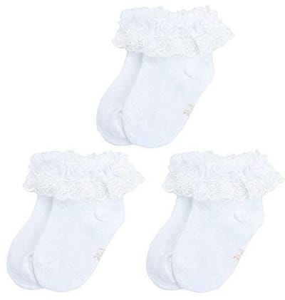 Sokken voor Babymeisjes - 3 Paar Katoenen Doopsokjes met Ruches en Kant voor 6-12 maanden