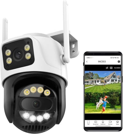 SnelShoppen - 6MP Dual Lens Draadloze Buiten Beveiligingscamera, WiFi Bewakingscamera met PTZ, 355° Pan, 90° Tilt, Mensdetectie, Auto Tracking, 2-Weg