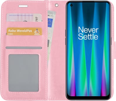 Hoesje - Met Pasjeshouder - Geschikt voor OnePlus Nord CE 2 - Luxe Bookcase Portemonee - Flip Case - Kunstleer Book Case - Flipcase - Book Cover - Walletcase - Portemonneehoes - Lichtroze