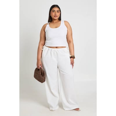 boohoo Dames Plus Linnen Broek Met Wijde Pijpen, Lage Taille En Strikdetail Aan De Zijkant | Natural | Maat: 44