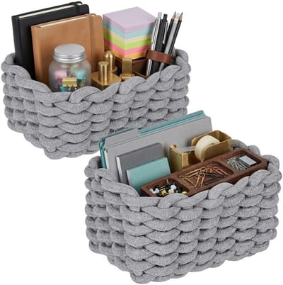 Opbergmand van Katoen, Gevlochten Mand voor Toiletpapier, Cosmetica, Speelgoed en Huishoudaccessoires, 19 x 15 x 12 cm, Grijs, Set van 2, Duurzaam en Stijlvol