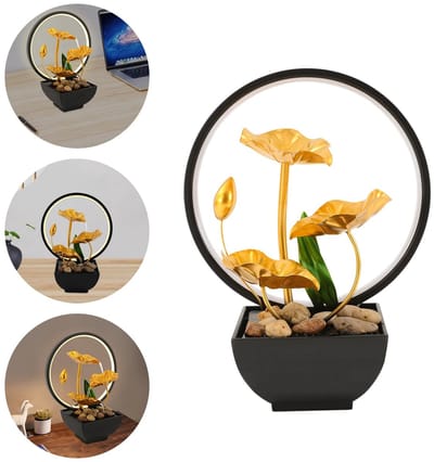 Archi Tafelfontein met LED-verlichting – Binnenfontein met Waterpomp – Voor Tafel – Lotus Design – 22 x 13 x 28 cm – Goud/Zwart