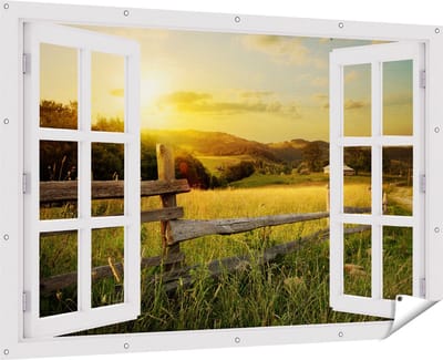 Gards Tuinposter Doorkijk Boerderij Hekken op het Grasveld - 180x120 cm - Tuindoek - Tuindecoratie - Wanddecoratie buiten - Tuinschilderij