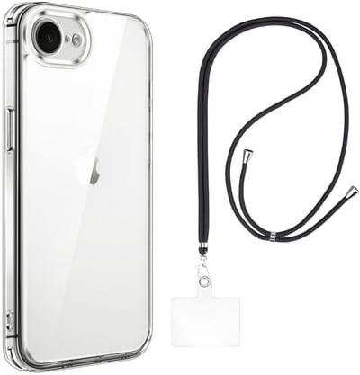 Set met hoesje en nekband voor iphone 16e / iphone 17e - Flexibele, transparante TPU-bescherming, verstelbare universele nekband voor mobiele telefoons, zwarte nekband, transparante draagriem van Phonillico®