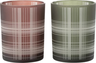 J-Line windlicht Geruit - glas - bruin/groen - medium - 2 stuks