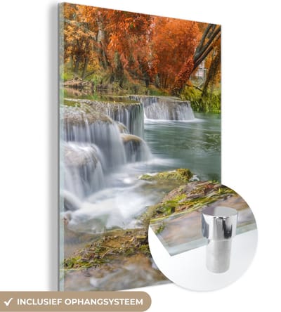 MuchoWow® Glasschilderij 30x40 cm - Schilderij acrylglas - Herfst - Waterval - Natuur - Bomen - Foto op glas - Schilderijen