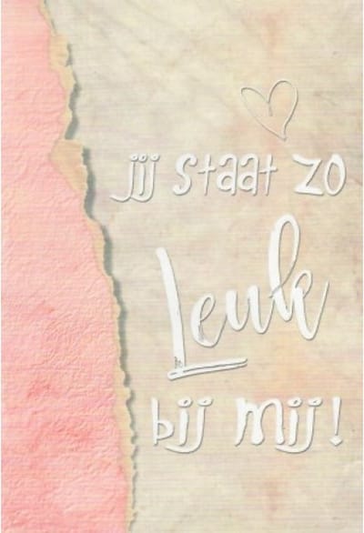 Jij staat zo leuk bij mij! Een grappige kaart met een bijzondere tekst en een leuk hartje. Een bijzondere kaart om te ontvangen, dus aan jou de taak om deze te geven! Een dubbele wenskaart inclusief envelop en in folie verpakt.