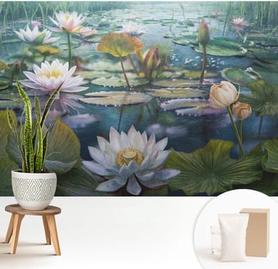 Wallfluent Behang - Vijverbloemen Vliesbehang - 208x146 cm - Groente Behang - Voor natuur- en kunstliefhebbers - Behang Voor de slaapkamer, woonkamer en kantoor - Wanddecoratie Bloemen en planten