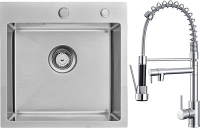Auralum max Spoelbak RVS 45x45 cm - Spoelbakken Keuken Met keukenkraan met uittrekbare uitloop - Wasbak Keuken Met Waterafvoersysteem - RVS