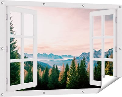 Gards Tuinposter Doorkijk Bos met Bomen bij Bergen Landschap - 120x80 cm - Tuindoek - Tuindecoratie - Wanddecoratie buiten - Tuinschilderij