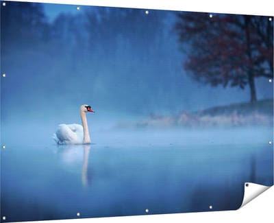 Gards Tuinposter Zwaan op het Water tussen de Mist - 180x120 cm - Tuindoek - Tuindecoratie - Wanddecoratie buiten - Tuinschilderij