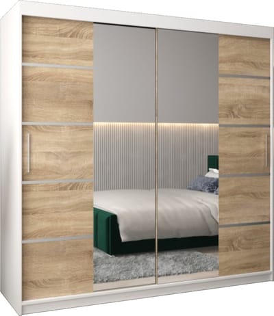 InspireMe - Kledingkast met 2 schuifdeuren, Modern-stijl, Kledingkast met planken (BxHxD): 200x200x62 - VENTILA IV 200 Wit Mat + Sonoma Eik met 4 lades