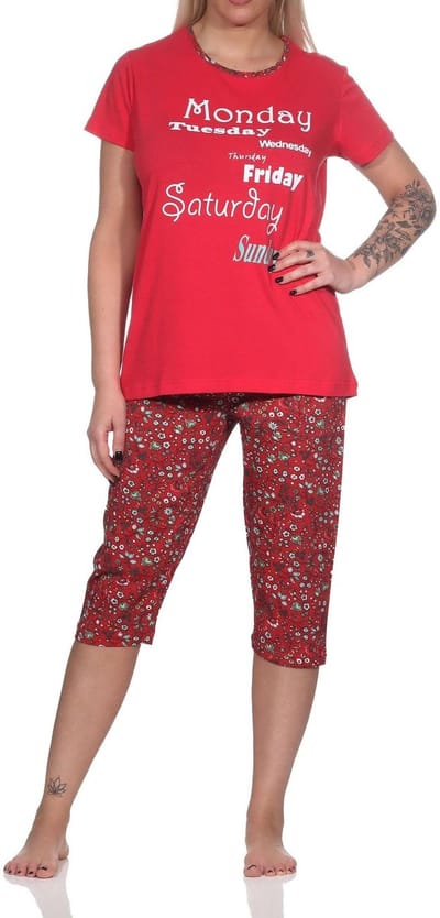 Casual damescapripyjama met all-over patroon en print op de voorkant, ¾ capribroek