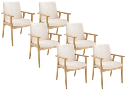 Vente-unique Set van 6 stoelen met armleuningen van ribfluweel en rubberhout - Crème - FILDON