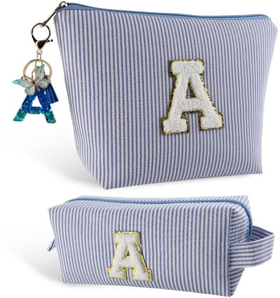 Dailygoods - Make-uptas voor meisjes en vrouwen, make-uptas en sleutelhanger met initialen, gepersonaliseerde cadeaus voor moeders, vriendinnen en zussen, blauw, A, Eenvoudig en stijlvol